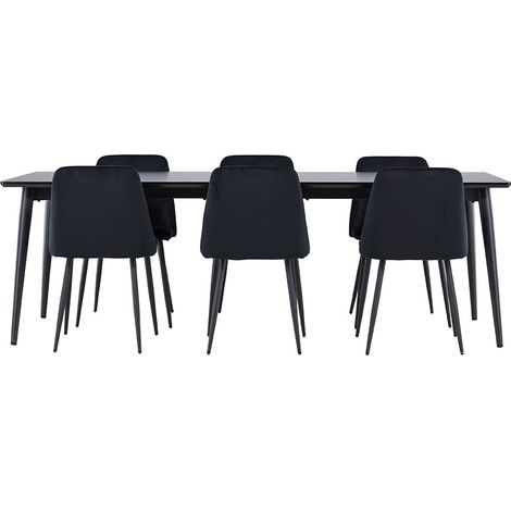 Ellis Essgruppe Tisch 85x230cm und 6 Velours Stühle schwarz.