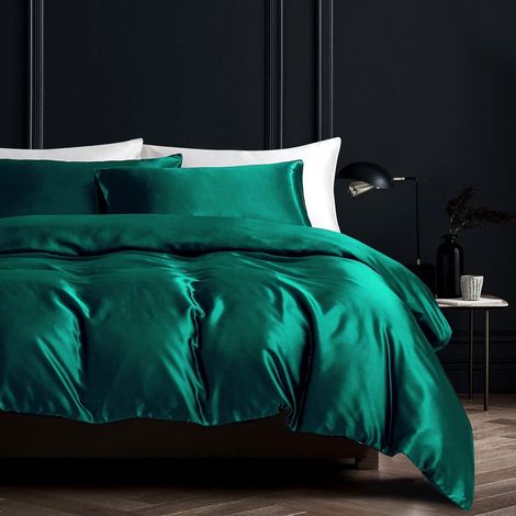Bettwäsche-Set 200x200cm Dunkelgrün Glatt Glänzend Satin mit Reißverschluss