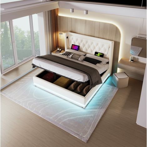 Bett mit Stauraum PU Weiß 160x200 cm, mit LED-Beleuchtung, USB- und Typ-C-Anschluss, inklusive Lattenrost (1/5)