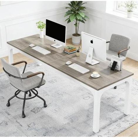 Escritorio rectangular 200 x 70 x 75 cm para 2 personas, madera y metal, topo y blanco DESVIAE (1/5)