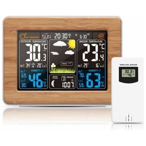 Station météo sans Fil avec capteur extérieur – avec Heure, Date, température, humidité, baromètre, Alarme, Affichage des Phases de Lune, thermomètre Multifonction (Noir) (1/5)