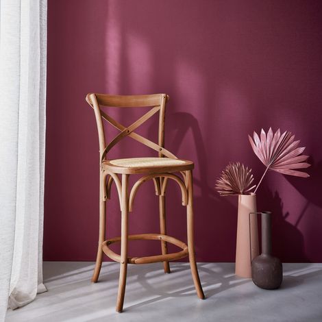 Tabouret de bar bistrot vintage en bois couleur noyer avec repose-pieds (1/5)