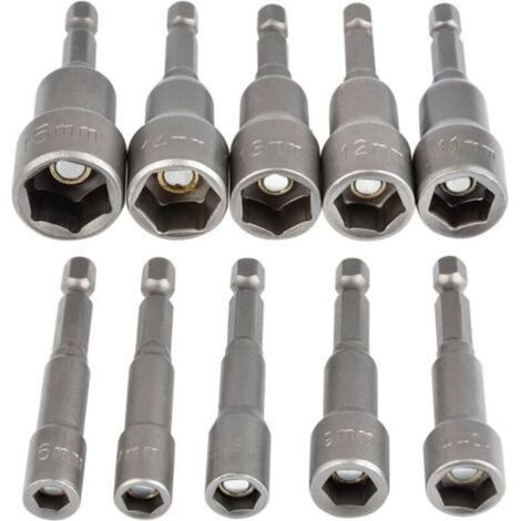 Set di 10 bussole esagonali magnetiche da 6-15 mm per avvitatore a impulsi, set di chiavi a bussola esagonali magnetiche, adattatore per bussola esagonale magnetica da 1/4" - Crezuo
