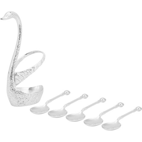 Ensemble de 6 cuillères à dessert en alliage de zinc en forme de cygne, pour fruits et desserts, vaisselle de cuisine et articles de mariage (argenté). (1/5)