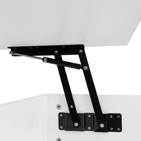 Table basse laquée à plateau relevable avec éclairage LED — Plateau partiellement relevable latéral  Mécanisme de levage hydraulique  Espace de rangement intégré (1/4)