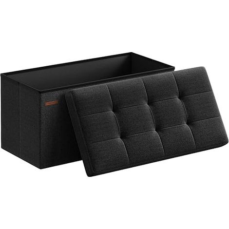 SONGMICS Banc de Rangement Pliable de 76 cm, Coffre de Rangement, Tabouret Repose-Pieds, Pouf de Chambre, Noir