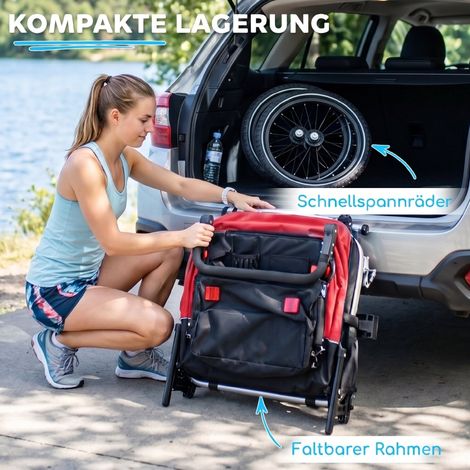 Remorque vélo enfant 2 places, 2-en-1 pliable, sièges réglables et harnais, rouge, pour balades familiales. (1/5)
