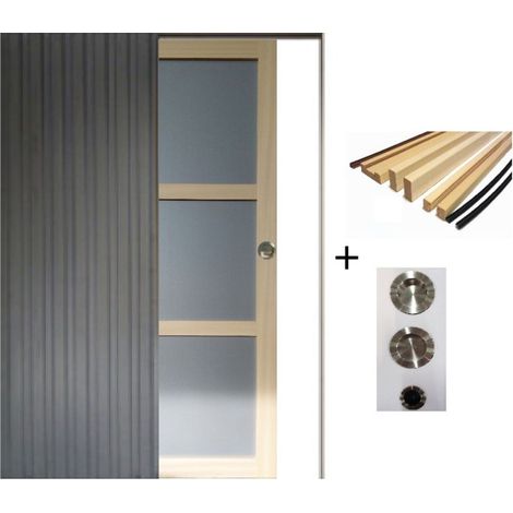 Porte Coulissante Ayous 3 Panneaux Gris Clair H204 X L83 Cm, Galandage, Kit Finition (coquille Et Tire Doigt) Gd Menuiseries