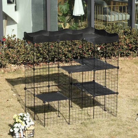 PawHut Cage parc enclos pour petits animaux chats lapins modulable 3 niveaux 2 portes rampe fil métallique 105 x 70 x 116 cm noir (1/5)