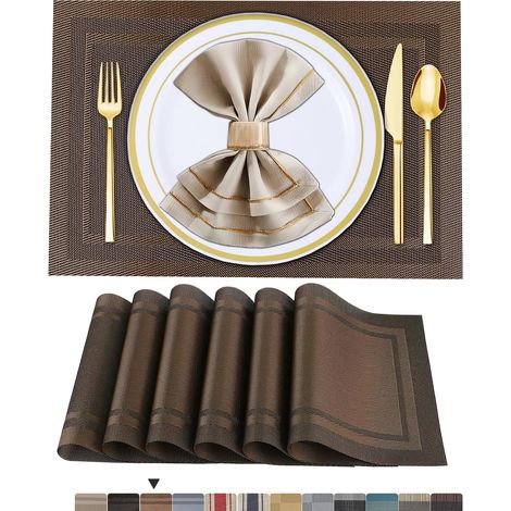 6 Sets de Table Lavable PVC Vinyle Dessous Assiette de Dîner Durables Napperon Rectangulaire Intérieure/Extérieure -6 Pièces, 01 Marron (1/5)
