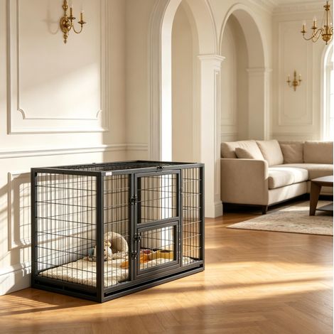 Cage pour chien 94x60x64 cm en acier noir, porte de nourrissage, pour intérieur – MEUBLIV (1/5)