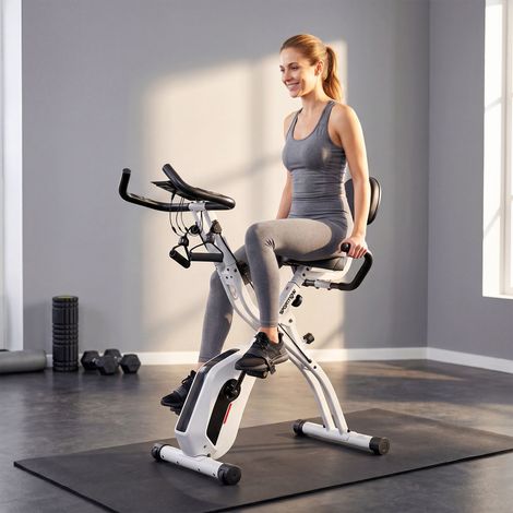 Vélo d'exercice pliable 3-en-1, silencieux et connecté, compatible Kinomap, Bluetooth et Zwift, dimensions 105x53,5x109cm, blanc, pour entraînement à domicile (1/5)