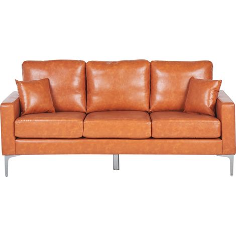 Sofá 3 plazas de piel sintética marrón dorado asiento respaldo acolchado patas de metal cojines moderno Gavle (1/5)