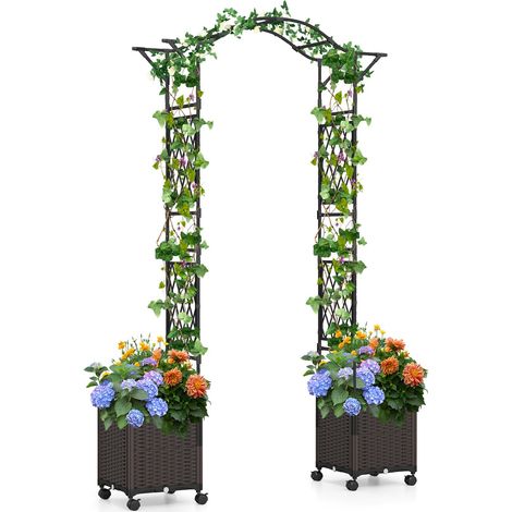 Arche de Jardin 207x250cm avec 2 Bac à Planter Auto-Arrosage, Treillis Métal Revêtu PE Noir, Roulettes Verrouillables pour Plantes Grimpantes et Décoration Extérieure (1/5)