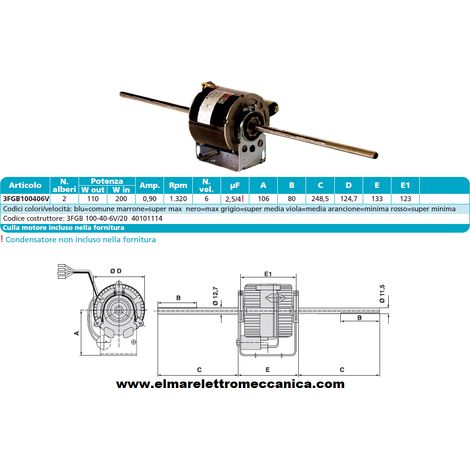 ELCO 3FGB 100-40-6V/20 Motore 200 W BIALBERO 6 Velocità aspiratore Fan Coil