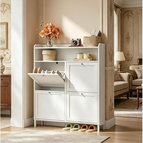 Mueble zapatero estrecho 100 x 19,5 x 107 cm, 4 puertas abatibles, blanco OKMYHOME (1/4)