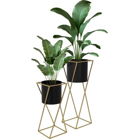 ML-Design Blumenständer 2er Set, Schwarz-Gold, 21x21x51/24x24x70,5 cm, Stahl, Blumentopfständer mit Übertopf, Metall Pflanzenständer, Blumentopfhalter 2-tlg, Pflanztopf Deko Blumensäule Blumenhocker (1/5)