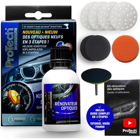 MC I Kit Rénovation Optiques - Polish pour Phares de Voiture en 3 Étapes Rapides - Ponçage, Polissage, Finition - Éclat, Brillance, Visibilité & Sécurité - Pack Complet Made in France (1/5)
