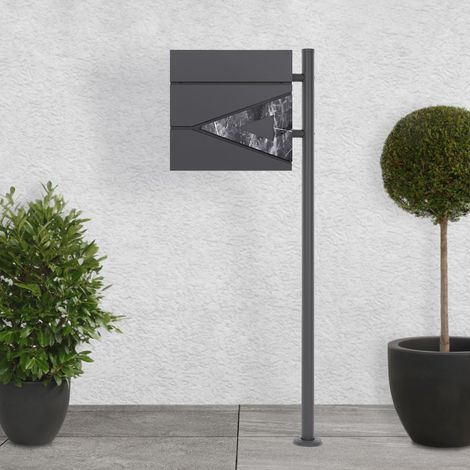 ECD Germany Buzón de Pie con Compartimento para Periódicos con Soporte Anatracita 120 cm, Moderno, con Triángulo de Mármol Negro, de Acero Inoxidable Recubierto en Polvo, Buzón de Correos para Cartas
