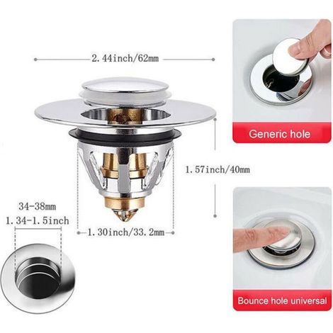 Bouchon vidange – Nosheir – Acier inox clic-clac avec filtre anti-cheveux – Pour évier cuisine et lavabo – 34-38mm Argent (1/4)