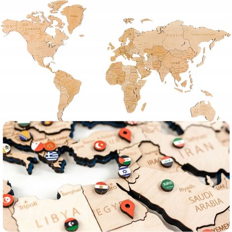 Carte du monde en bois 3D, décoration murale, 105 x 60 cm, 168 drapeaux, 36 punaises