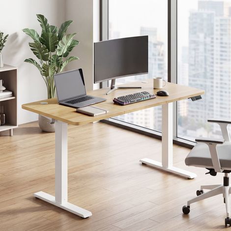 Bureau Réglable en Hauteur Électrique avec Mémoire, 140 x 60 x (72-120) cm, Chêne et Blanc (1/5)