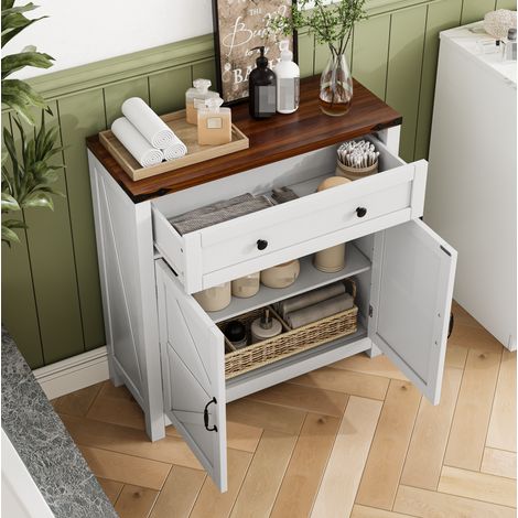 Mueble de almacenaje de cocina con cajón y estante регулируable, blanco y madera DESVIAE (1/5)