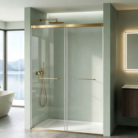Mai & Mai Box Doccia Nicchia 120x195cm con Vetro Temperato Trasparente 8mm con Rivestimento Nano, Porta Scorrevole e Maniglia Inox, Porta Doccia con Soft-close, Oro, Teramo67K (1/5)
