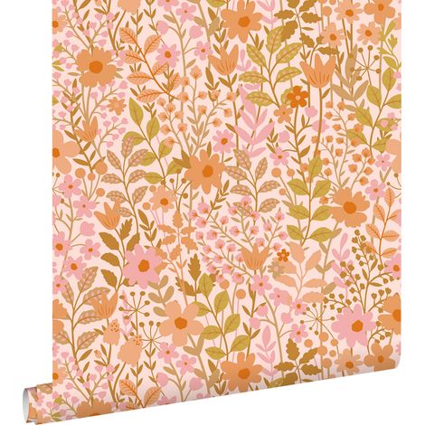 papier peint fleurs rose, vert olive grisé et orange  - ESTAhome