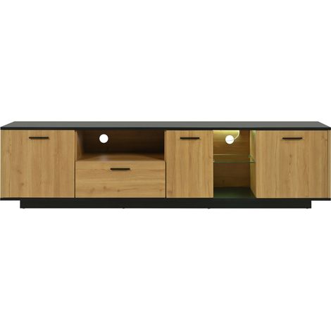 Mobile TV con 3 ante 1 cassetto 2 ripiani in vetro LED 16 colori MDF nero e legno MODENUIT (1/5)