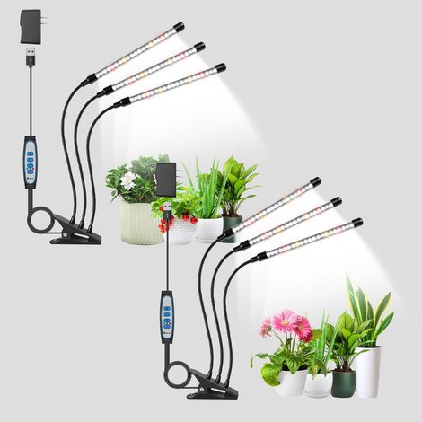 Lot de 2 lampes LED pour plantes - 6000 K - Spectre complet - Lumière blanche avec clip - Lampe de croissance pour plantes avec 5 niveaux d'intensité variable - Minuterie automatique 6/12/16H (1/5)
