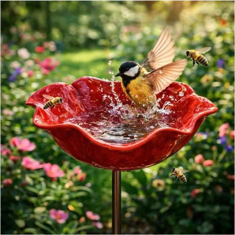 Mangeoire piquet fleur en métal fait main – Bol bain d'oiseaux rouge décoratif pour jardin