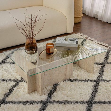 Dmora - Wohnzimmertisch Rhysand, Niedriger Wohnzimmertisch, Kaffeeregal, Couchtisch für Sofa, 105x65 h30 cm, Beige und Marmor (1/5)