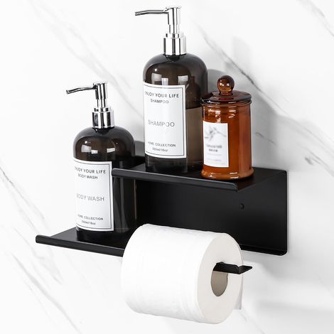 Dérouleur Porte Papier Toilette avec Étagères Spacieuse, Support Porte Papier Toilette Mural avec Tablette sans Perçage Aluminium, Montage par Vis/Auto-adhésif, Noir Mat (1/5)