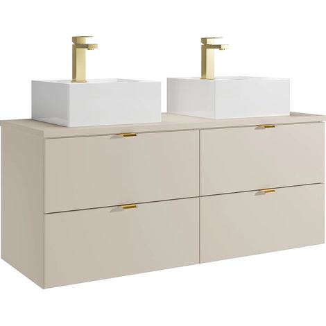 Meuble de salle de bain suspendu avec vasque à poser carrée et robinet - Beige - 120 cm - LAVENA (1/5)