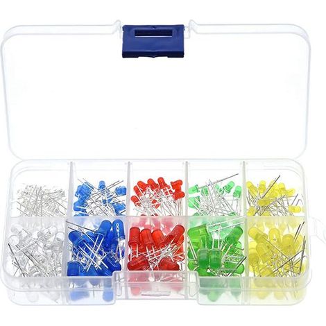 Paquete de 300 diodos emisores de luz LED, 3 mm + 5 mm, kit de resistencias, blanco/rojo/amarillo/verde/azul (1/5)