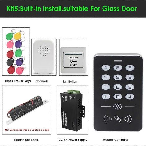 Kit de système de contrôle d'accès pour porte unique, lecteur de cartes, clavier, kit de contrôleur d'accès (180 kg), serrure électronique, alimentation, kit de clés intelligentes (5 kits) (1/5)