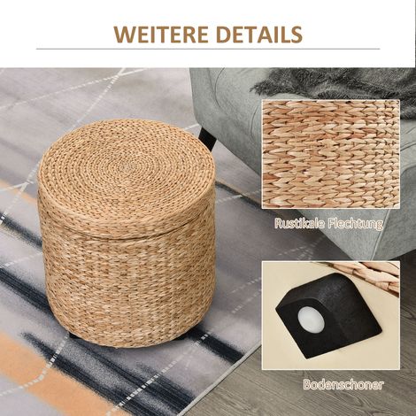 Tabouret de rangement avec boîte de stockage, couvercle amovible, rotin paille, kaki, diamètre 43 x 43 cm, pouf coffre à chaussures (1/5)