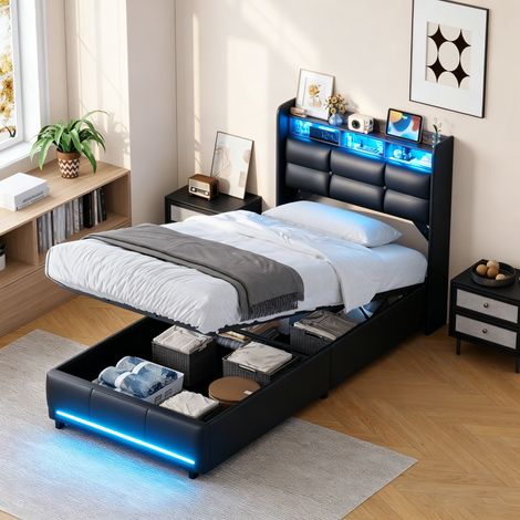 JOOKGBD-Lit Coffre 90x200 cm avec éclairage LED et Charge USB,Lit Simple Rembourré 90x200 cm avec Sommier et Rangement,lit adolescent avec Rangement Hydraulique,pour Adulte Adolescent,PU,Noir (1/5)