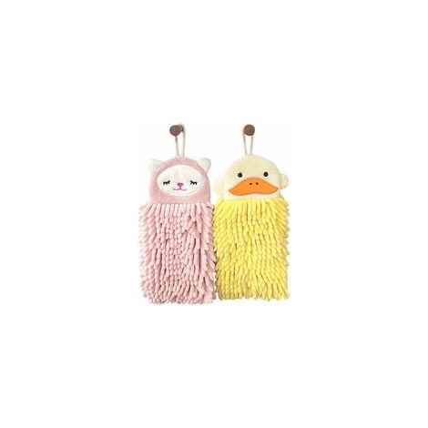 Lot de 2 serviettes de bain enfant en chenille avec boucle, motif animal, séchage rapide, rose et jaune – (1/5)