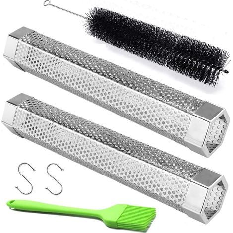 Lot de 2 tubes de fumage à granulés en acier inoxydable de 30,5 cm avec 2 crochets et 2 brosses pour fumage froid/chaud (30,5 cm) (1/5)