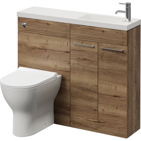 Napoli 250 Tobacco Oak 1000mm 2 Door Vanity Unit Toilet Suite with Round Silvo Basin - 1000mm - Chrome 160mm HandleWith Jubilee Toilet Pan and Seat
