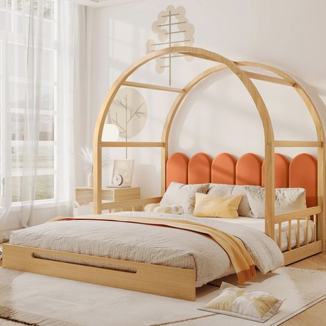 Bett ausziehbar im Hausbett-Stil mit Kopfkissen, 140x100/140x200 cm, Massivholz und MDF, Natur und Orange (1/5)