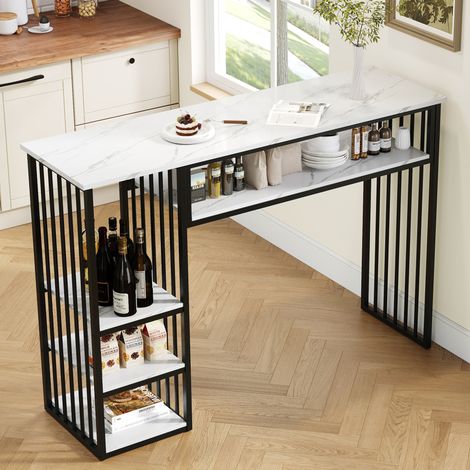 Tavolo bar con spazio contenitivo 140x40x105 cm, piano in MDF effetto marmo, struttura in metallo bianco e nero (1/5)