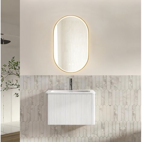 Ensemble salle de bains suspendu blanc avec vasque, tiroir et miroir LED 50 x 80 cm OKWISH (1/5)