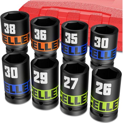 8 Pièces Douille à Choc, 3/4'' Douille à Impact, 26-38mm Douilles Longue, 6 Pans Douilles à Choc, Entretien de Voitures, Machines (1/4)