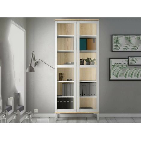 Dmora - Vitrine Hudhud, Glas-Sideboard, Mehrzweckvitrine, Hängendes Bücherregal mit Glastüren, 89x36 h203 cm, Weiß und Eiche (1/5)