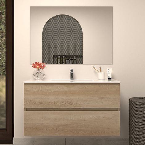 Meuble de salle de bain 90cm simple vasque - 2 tiroirs - nebraska (chêne clair) - IDA