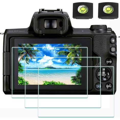 Protector de pantalla M50 II para cámara Canon EOS M50 Mark II y carcasa con zapata, protector de vidrio templado óptico de 0,3 mm, dureza 9H, antiarañazos, antiburbujas - Paquete de 3