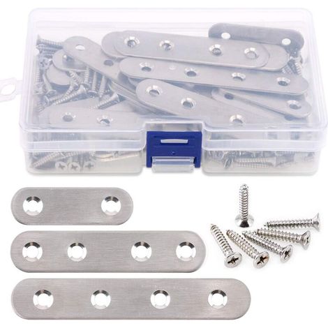 35Pcs 1.45" 2.25" 3.8" Stainless Steel Flat Straight Brackets for Joining Plate Repair and 80Pcs Screws, Total 115Pcs - Silver